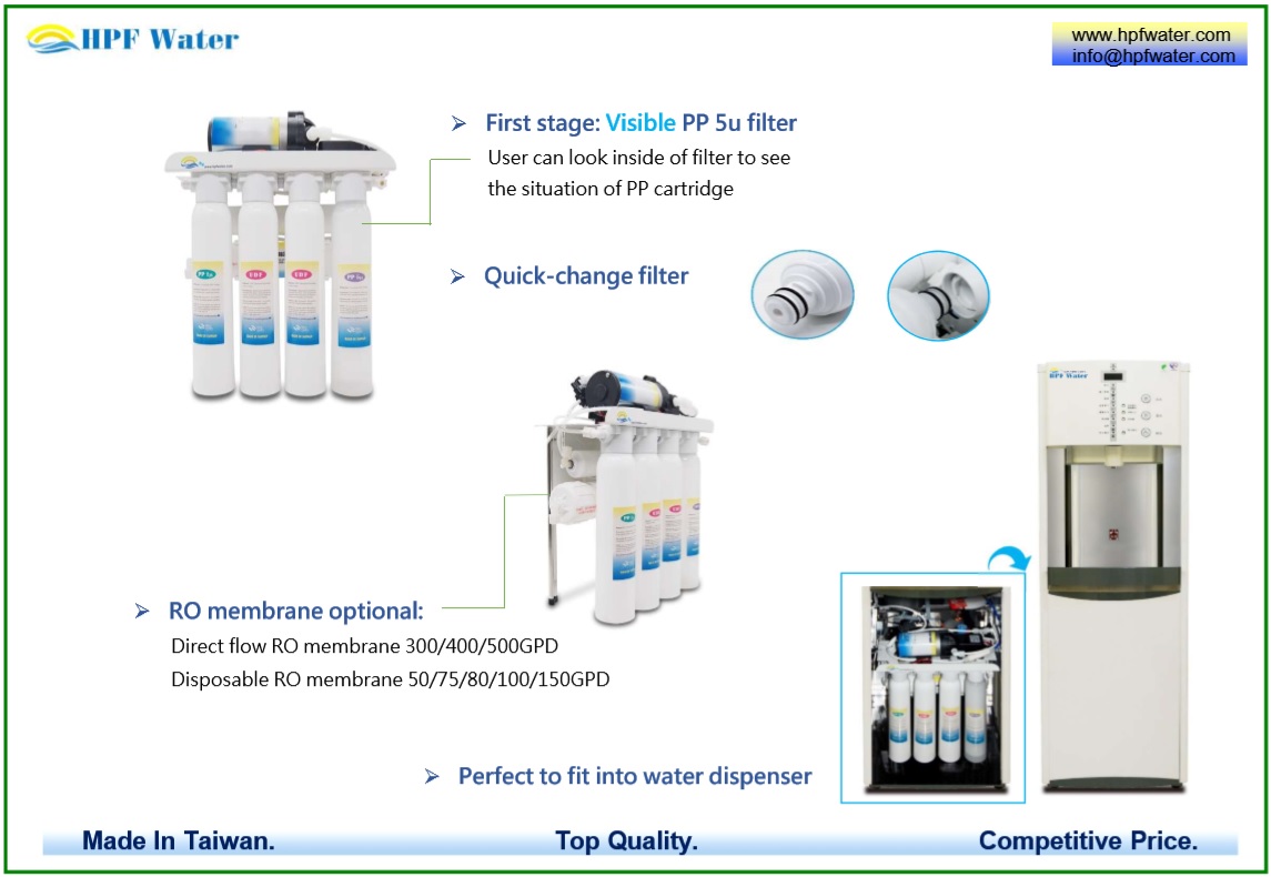Traditional RO appliance with Quick-change Disposable Filter meets NSF requirements made in Taiwan, perfect to meet water dispenser..